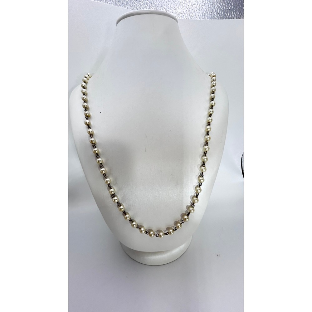Vintage Faux Pearl Necklace Cream White Beaded Dark Metal Chain 17" Classic